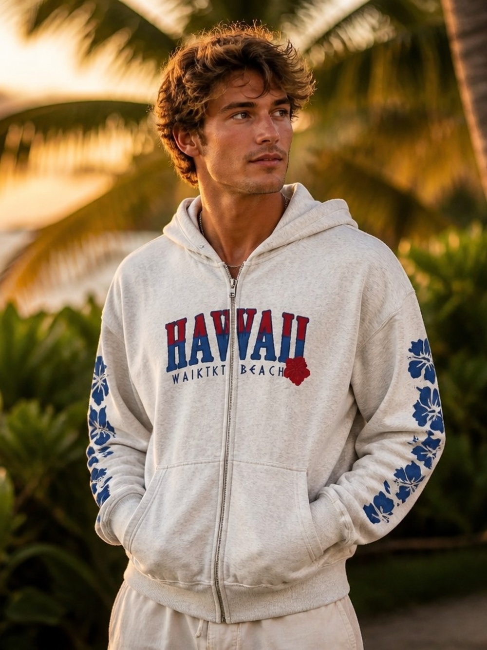 Hollister Cream Zip-Up Hoodie with Blue Floral Sleeves & Red Hawaii Print